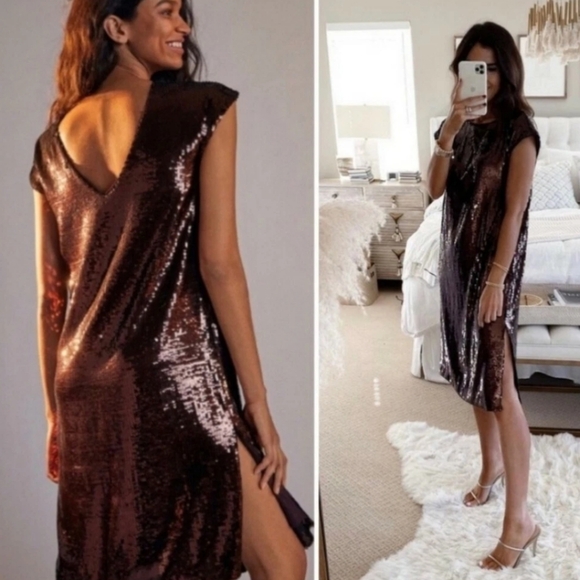 MAEVE x ANTHROPOLOGIE Cara Chocolate Brown Sequin Cocktail Dress Small - Picture 1 of 15